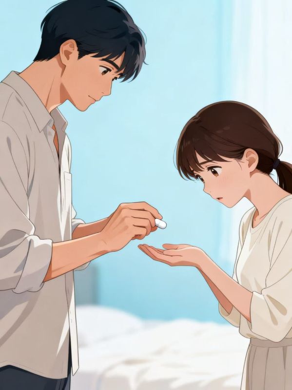 爸爸把藥流的膠囊遞到媽媽手上